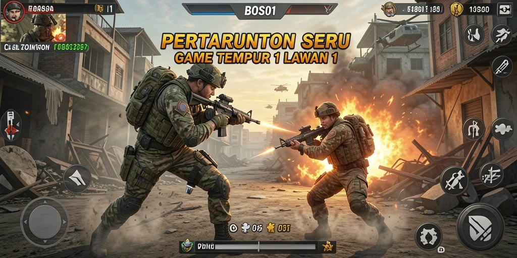 Screenshot utama menunjukkan aksi tempur intens dalam BOS01.